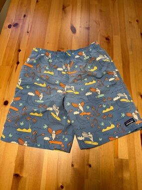 Patagonia Navy Blue Swim Shorts with Teal Drawcord and Multicolor Print